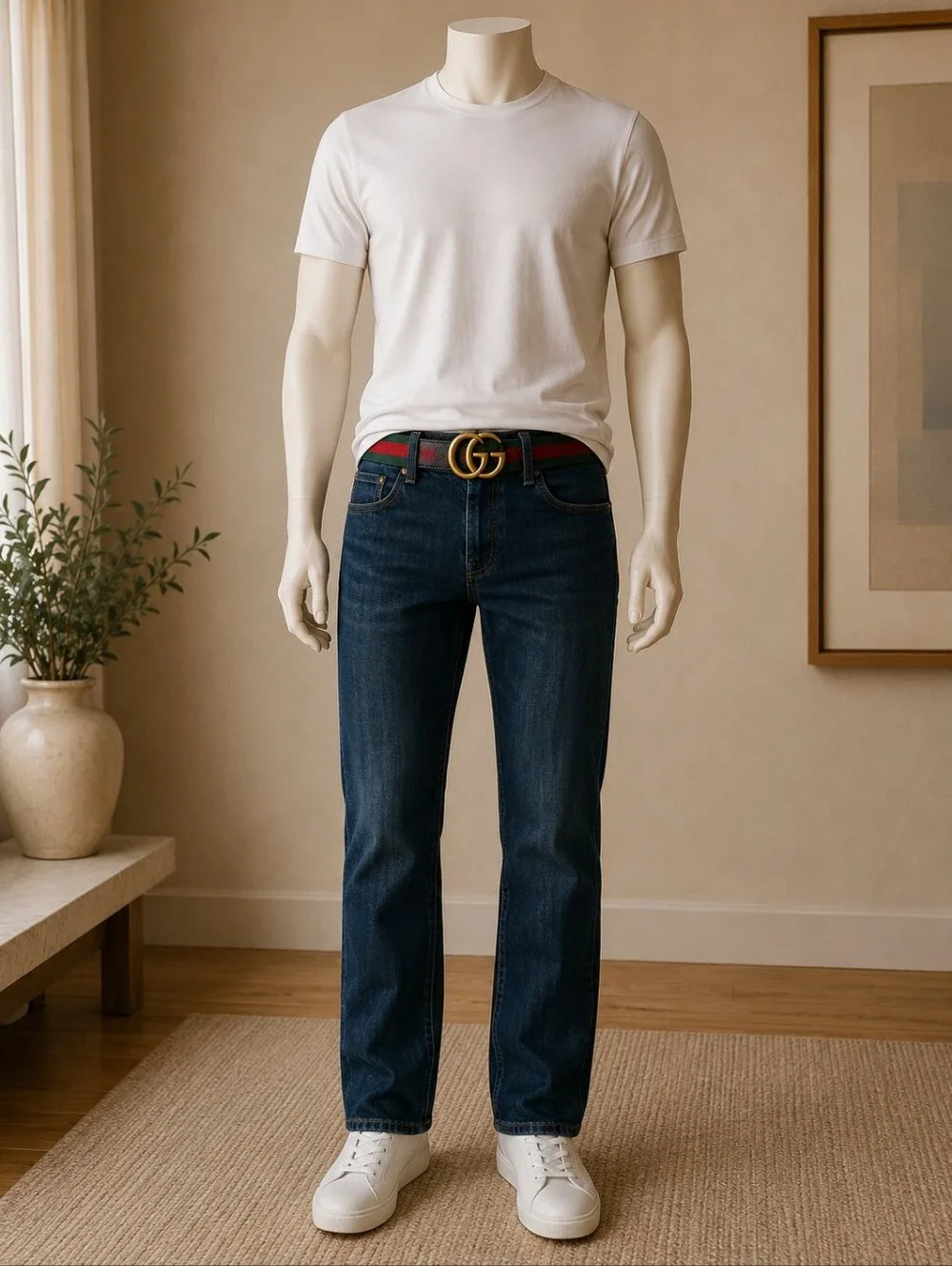 Gucci Green and Red Web Belt with Aged Gold Double G Buckle 95-38
